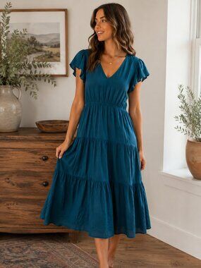 Wishlist Teal Tiered Midi Dress | Women's Medium | Boho Cottagecore